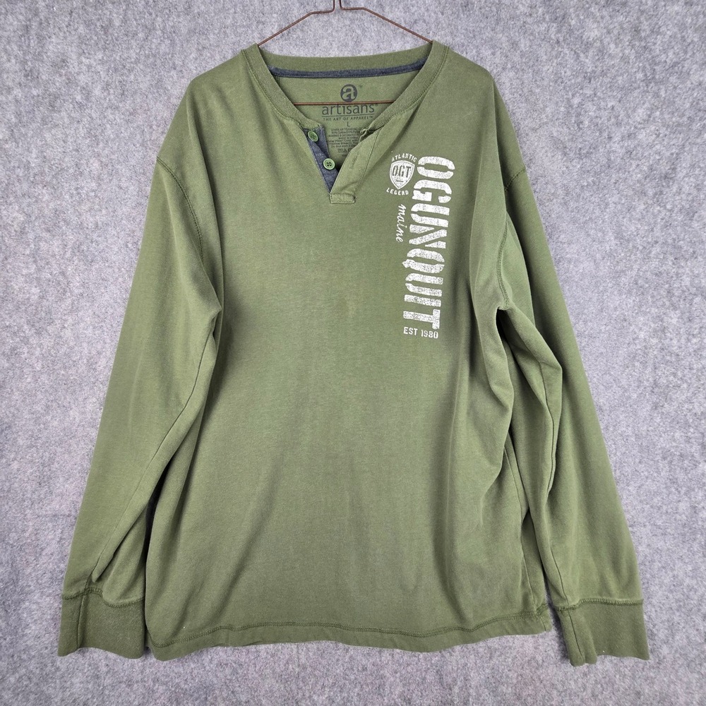 Artisans Ogunquit Maine Henley Mens Large Green Long Sleeve Graphic Shirt